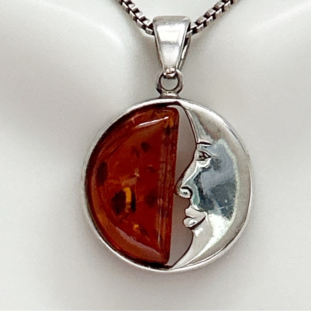 Vintage Amber Man in the Moon Sterling Silver Necklace